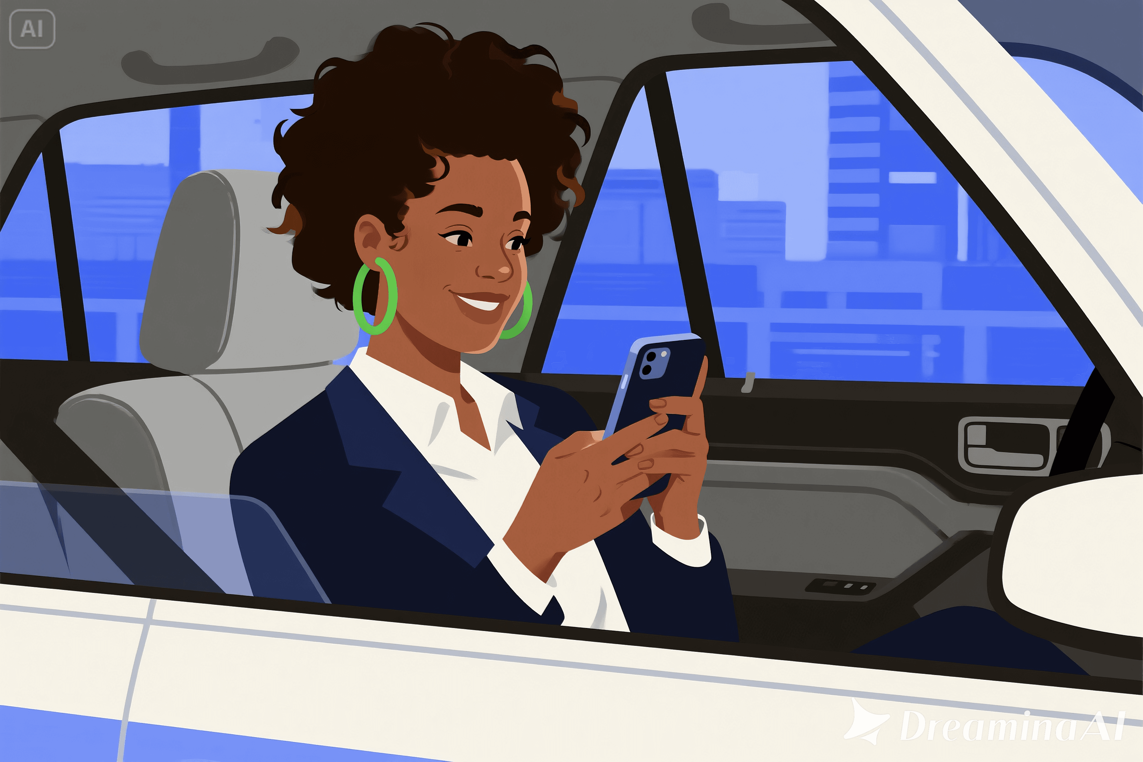 Nigerian professional woman seated in the back seat, checking her phone, brand-aligned illustration
